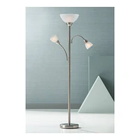 Possini Euro Design Alexei Modern Torchiere Floor Lamp Tree 3-Light Gooseneck Arm 72" Tall Brushed Nickel White Crackle Glass Pole Dimmer Living Room