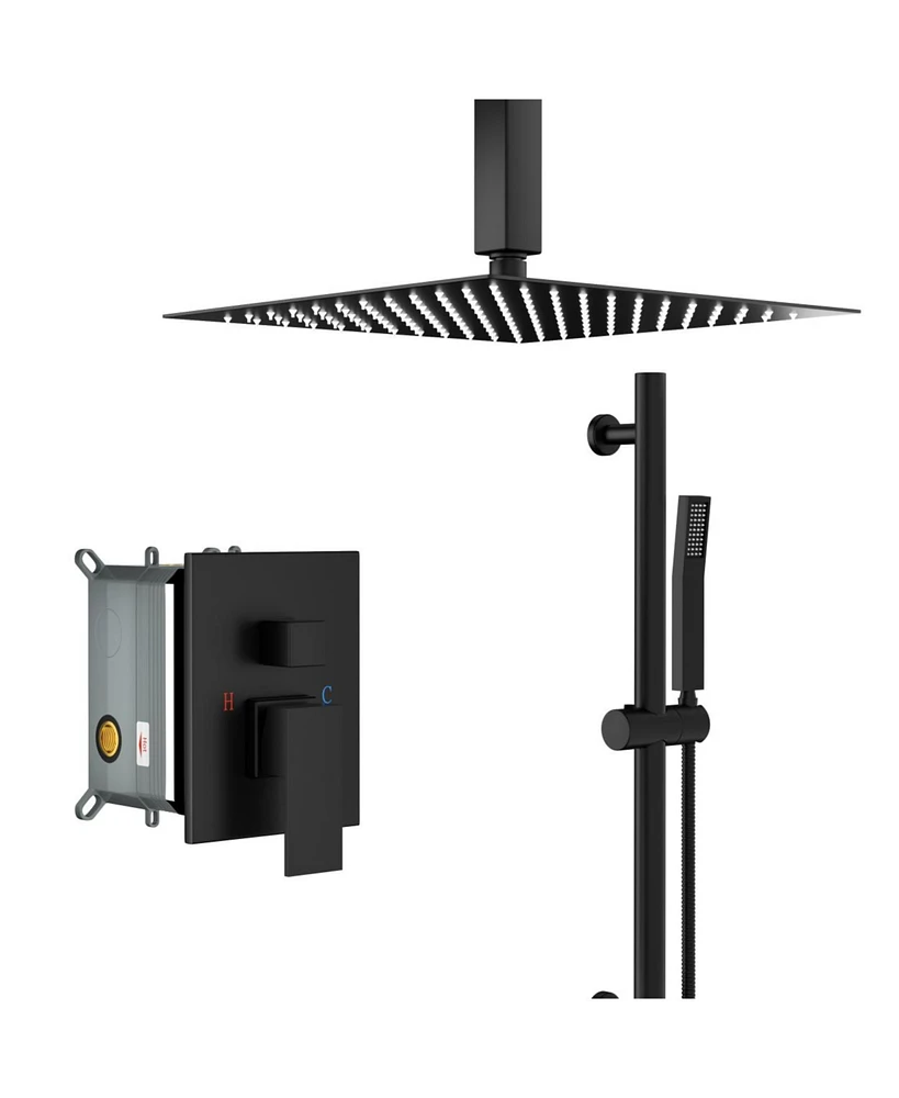 Simplie Fun Matte Black Ceiling Rain Shower System, 16" Head