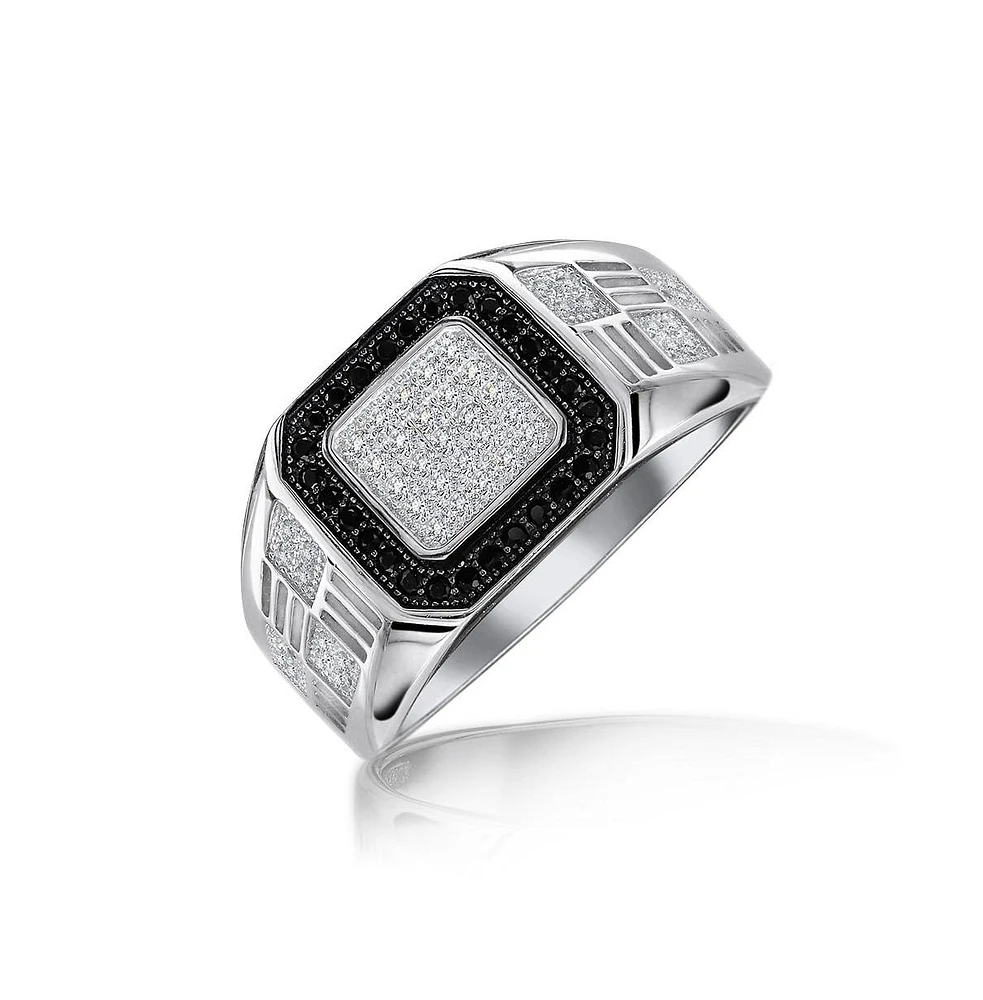 Bling Jewelry Men's Geometric Micro Pave Halo Square Two Tone White Black Cz Cubic Zirconia Engagement Statement Ring For Men .925 Sterling Silver