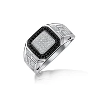 Bling Jewelry Men's Geometric Micro Pave Halo Square Two Tone White Black Cz Cubic Zirconia Engagement Statement Ring For Men .925 Sterling Silver