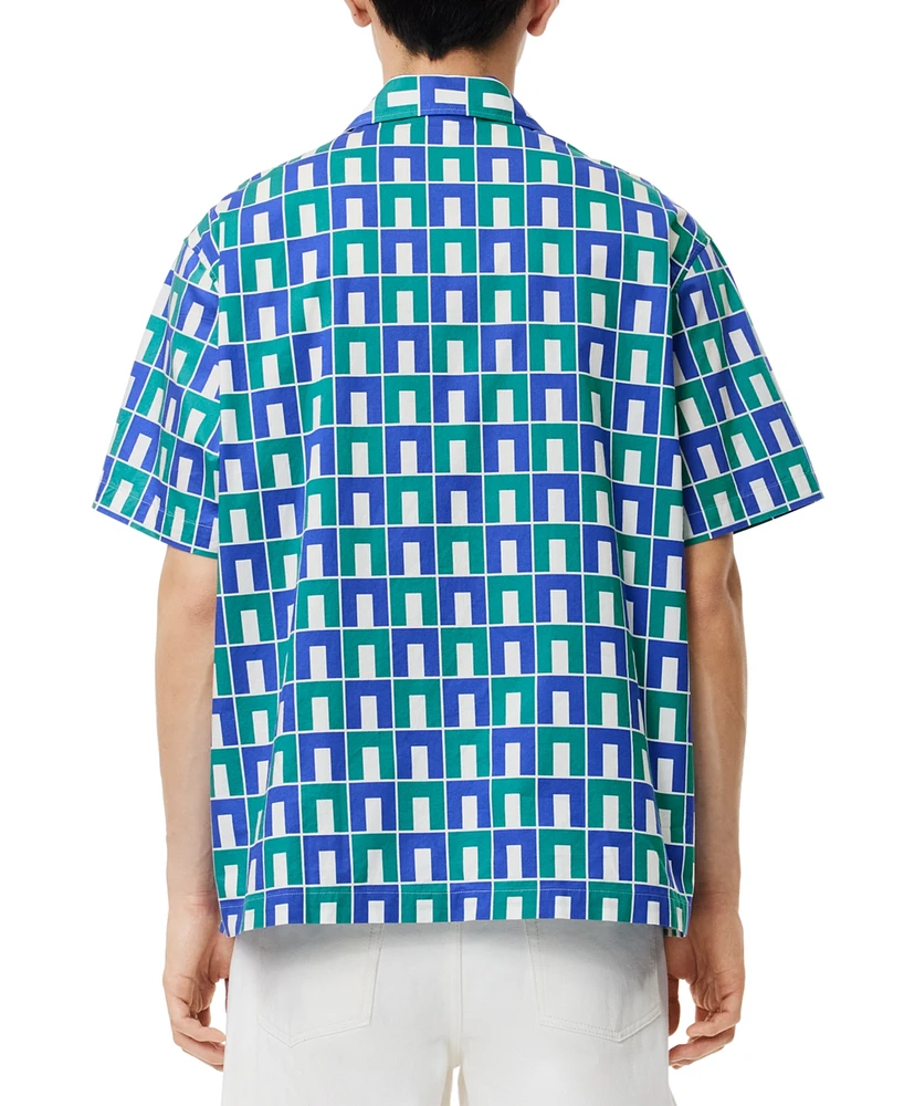 Lacoste Men's Relaxed Fit Short Sleeve Button-Front Printed Camp Shirt