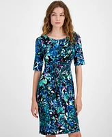 Connected Petite Printed Faux-Wrap Sheath Dress