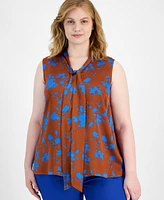 Tahari Asl Plus Size Printed Tie-Neck Sleeveless Top