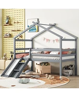 Streamdale Furniture Twin Low Loft House Bed With Slide, Ladder, Safety Guardrails, House Roof Frame, Grey