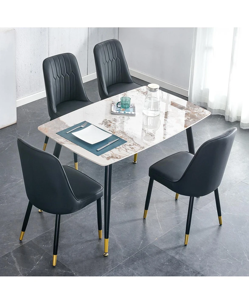 Stone Table & Pu Leather Chair Set - Black Metal Legs - 1 Table & 4 Chairs