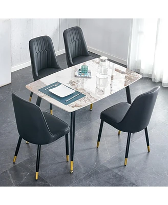 Stone Table & Pu Leather Chair Set - Black Metal Legs - 1 Table & 4 Chairs