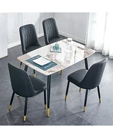 Stone Table & Pu Leather Chair Set - Black Metal Legs - 1 Table & 4 Chairs