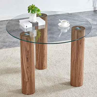 Simplie Fun 40" Round Tempered Glass Dining Table, Wooden Legs