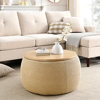 Round Storage Ottoman, 2 In 1 Function, Work As End Table And Ottoman, Natural (25.5"X25.5"X14.5")