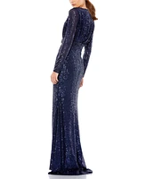 Mac Duggal Women's Floor-Length Sequin Gown Featuring Long Sleeves and Sheer Accents
