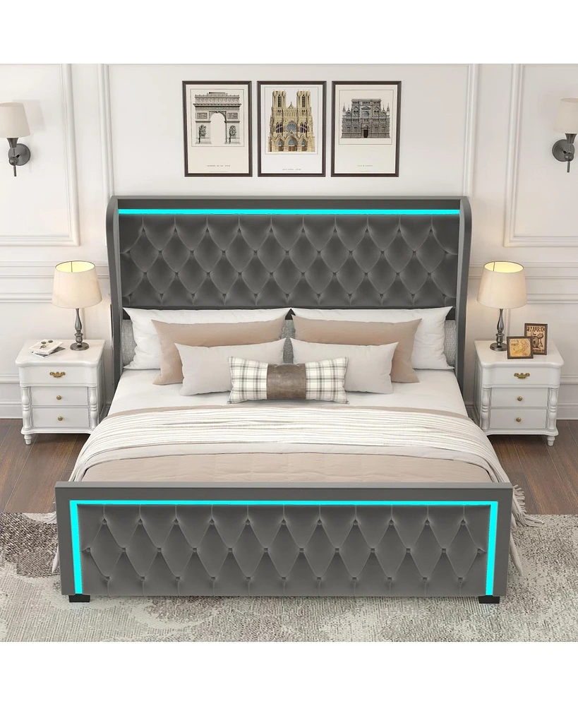 Simplie Fun Grey Velvet Platform Bed with Led Headboard