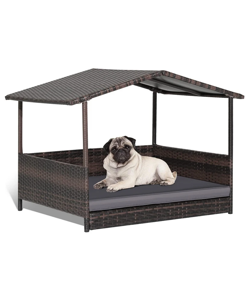 Inolait Outdoor Wicker Dog House with Weatherproof Roof