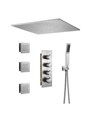 Mondawe 20" Ceiling Mount Thermostatic Shower System Set with Handheld Spray & 3 Body Jets, Brushed Nickel