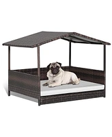 Inolait Outdoor Wicker Dog House with Weatherproof Roof