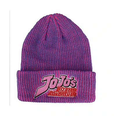 JoJo's Bizarre Adventures Men's JoJo's Bizarre Logo Flat Embroidery on Pink Purple Two-Tone Ribbed Acrylic Knitted Beanie Hat