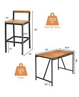 Gymax 5PCS Patio Bar Table Set Pe Rattan High-Dining Bistro Set w/ Acacia Wood Top
