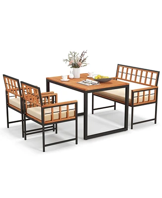 Costway 4 Piece Patio Dining Set Outdoor Wood Dining Furniture with 2 Chairs & 1 Lovesea