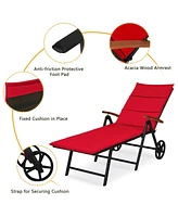 Slickblue Folding Patio Rattan Lounge Chair with Wheels-Red