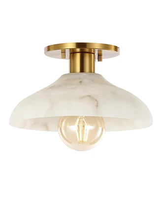 Jonathan Y Amara 10" 1-Light Mid-Century Classic Alabaster/Iron Led Semi Flush Mount, White/Brass Gold