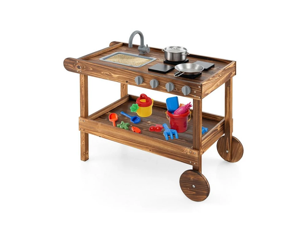 Slickblue Outdoor Movable Mud Kitchen with 2 Rolling Wheels and 1 Push Handle-Natural