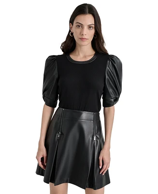 Dkny Women's Faux-Leather Puff-Sleeve Blouse