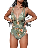 Cupshe Women's Deep V Neck Double Straps Crisscross Back Tie One Piece Swimsuit