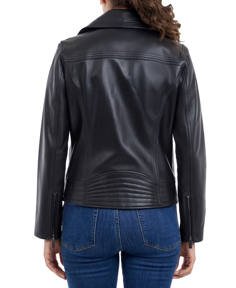 Michael Kors Petite Asymmetric Leather Moto Coat