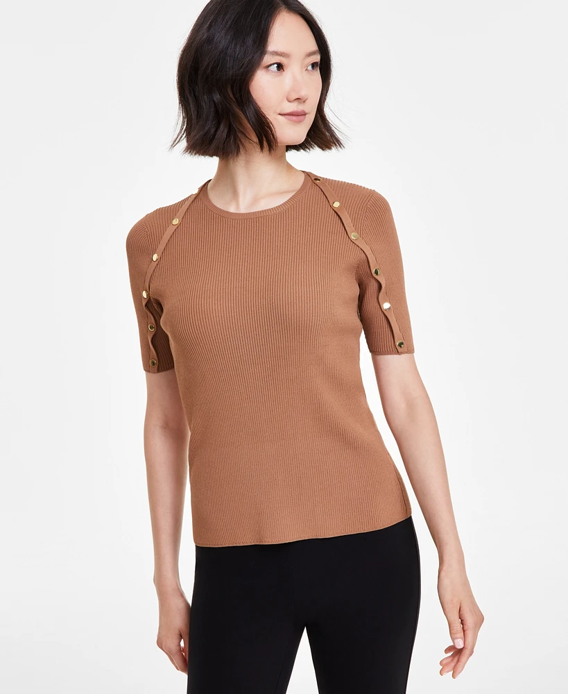Anne Klein Women's Button-Trim Ribbed Short-Sleeve Top