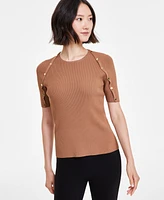 Anne Klein Women's Button-Trim Ribbed Short-Sleeve Top