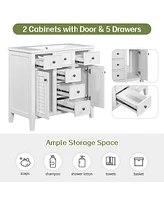 Streamdale Furniture 36" Bathroom Vanity With Ceramic Basin, Two Cabinets And Five Drawers, Solid Wood Frame, White