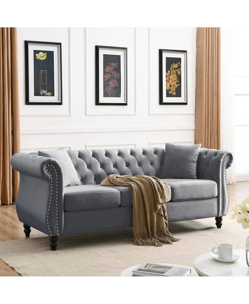 Streamdale Furniture Grey Velvet Tufted 3-Seater Sofa with Pillows