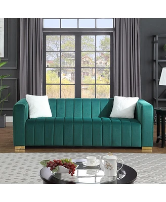 Simplie Fun A Modern Channel Sofa Take On A Traditional Chesterfield, Dark Green Color, 3 Seater