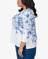 Alfred Dunner Plus Size Classic Floral Shimmer Three Quarter Sleeve Top