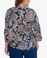 Alfred Dunner Plus Size Classic Scroll Three Quarter Ruched Sleeve Top