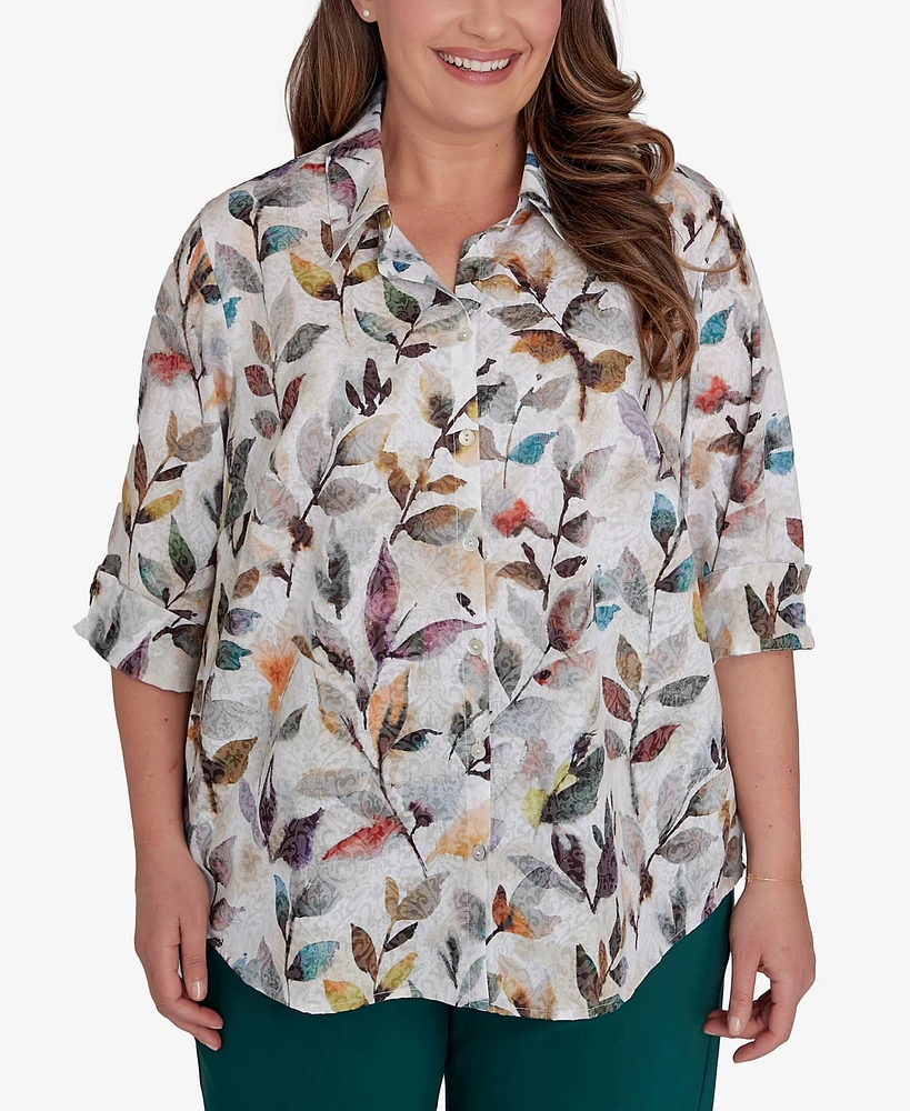 Alfred Dunner Plus Classic Watercolor Leaf Button Front Top