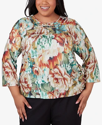 Alfred Dunner Plus Classic Earth Floral Crew Neck Top