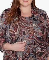 Alfred Dunner Plus Size Classic Metallic Paisley Two In One Top With Necklace