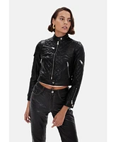 Furniq Uk Women's Cropped Leather Jacket, Black