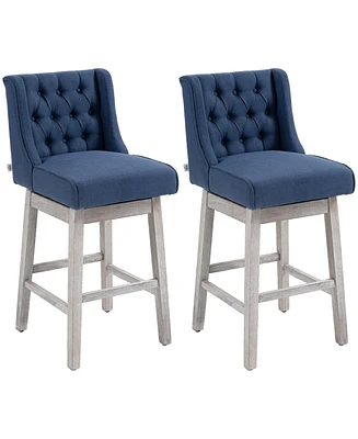 Homcom Set of 2 Bar Height Stools, 28" w/ Swivel & Wooden Legs for Kitchen, Blue