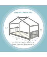 Twin Size House Bed with Roof Wooden Low Floor Bed No Box Spring Needed