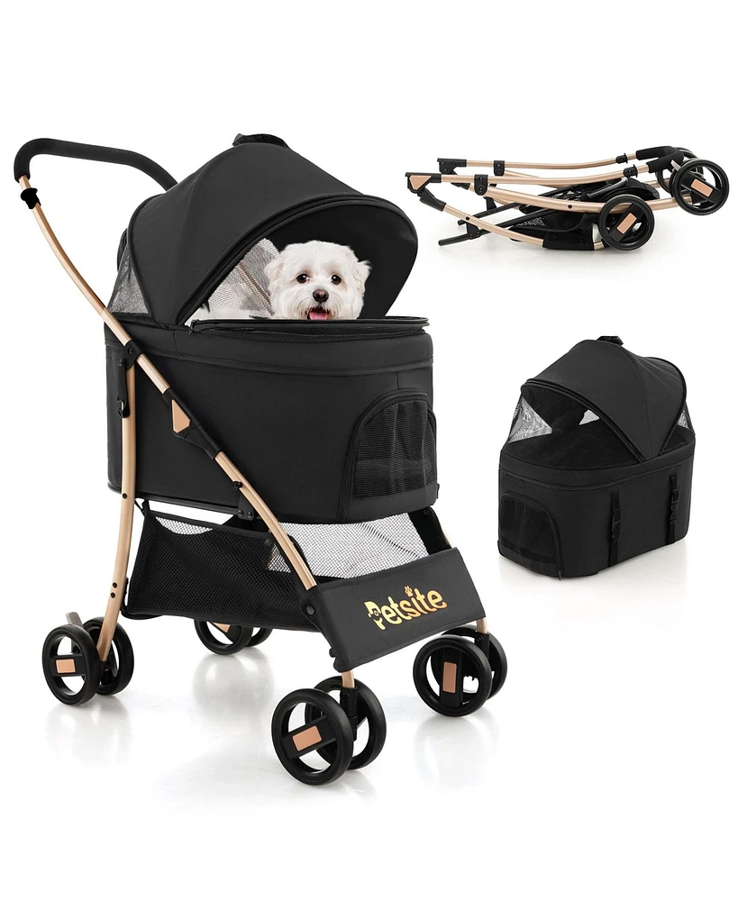 Costway 3-In-1 Pet Stroller with Removable Car Seat Carrier 4-Level Adjustable Canopy