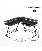 Costway L-shaped Computer Desk with Power Outlet 51" Corner Workstation Rustic