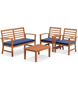 Costway 4 Pcs Outdoor Furniture Set with Soft Seat Cushions Stable Acacia Wood Frame