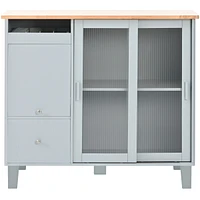 Blue Kitchen Island Cart With Led Light And Drop Leaf