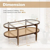 2-Tier Coffee Table Tempered Glass Top with Pe Rattan Shelf & Acacia Wood Frame
