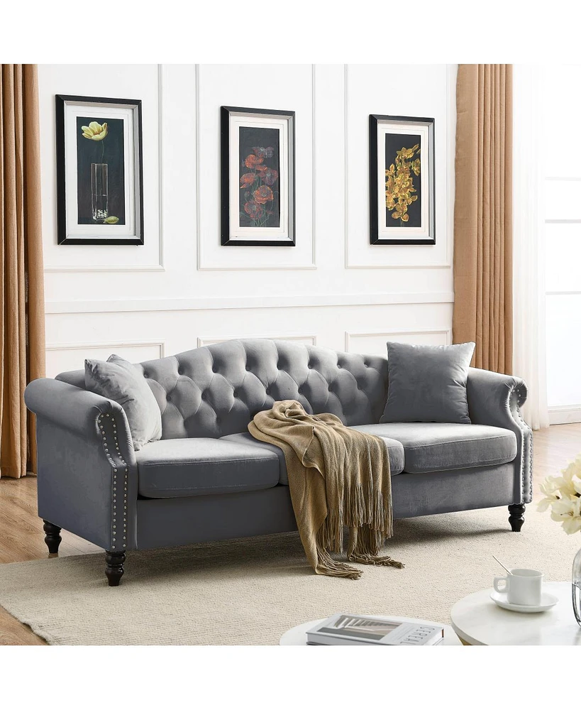 Simplie Fun Grey Velvet Chesterfield Sofa with Tufted Couch