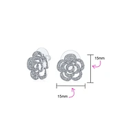 Pave Cz Accent Open Floral Love Rose Flower Stud Earrings For Women Wedding Party Bridesmaids Brides Rhodium Plated Brass 15MM