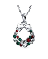 Bling Jewelry Fashion Sparkling Christmas Bow Red Green White Crystal Holiday Wreath Pendant Necklace Stud Earrings Jewelry Set For Women Crystal