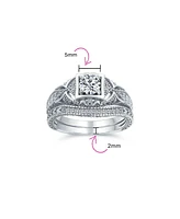 Bling Jewelry Deco Style Milgrain 1CTW Cubic Zirconia Promise Ring Set Sterling Silver