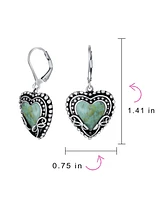 Bling Jewelry Boho Bali Style Scroll Filigree Blue Natural Turquoise Heart Shaped Dangling Earrings For Women Oxidized Sterling Silver Lever back